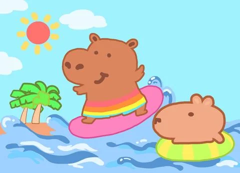 Hippo and capybara on the beach. Illustrazione stock