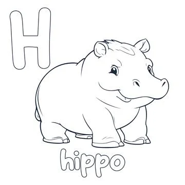 Hippo vector illustration Black and white hippo alphabet coloring book or p.. Stock Illustration