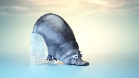 Hippopotamus fallen on an ice cube. Stock Illustration