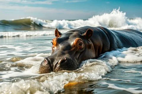 Hippos head stright for the surf because of the waves wash away parasites Stock Photos