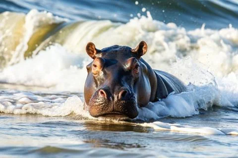 Hippos head stright for the surf because of the waves wash away parasites Stock Photos