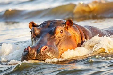 Hippos head stright for the surf because of the waves wash away parasites Foto stock