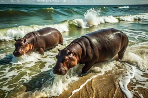 Hippos head stright for the surf because of the waves wash away parasites Stock Photos