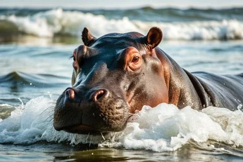 Hippos head stright for the surf because of the waves wash away parasites Foto stock