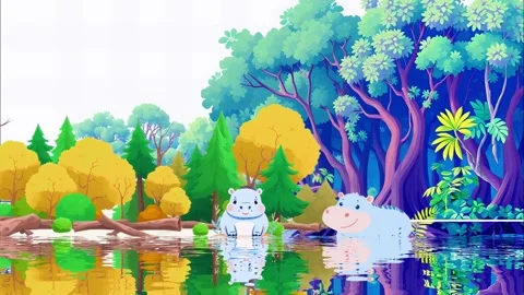 Hippos in water with forest background animation Stock Footage 298136532