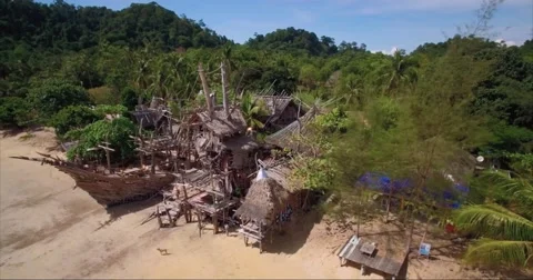Hippy Bar and Ship Made From Driftwood on Ko Phayam Thailand, Aerial Shot Stock Footage 66076874