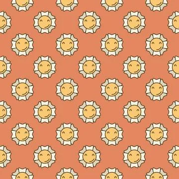 Hippy Flower vector colored seamless pattern in Groovy style Stock Illustration