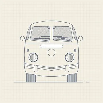 Hippy van technical drawing style Stock Illustration