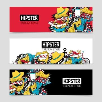 Hipster 3 interactive horizontal banners set Stock Illustration