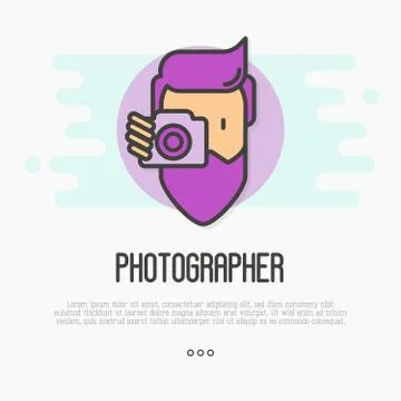 Hipster, bearded man with camera is making photo. Thin line icon for logo Stock Illustration