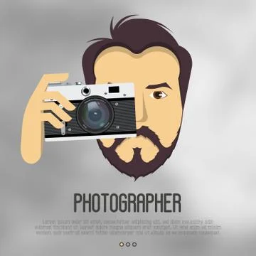 Hipster, bearded man with camera take a photo. Realistic vector illustration Stock Illustration