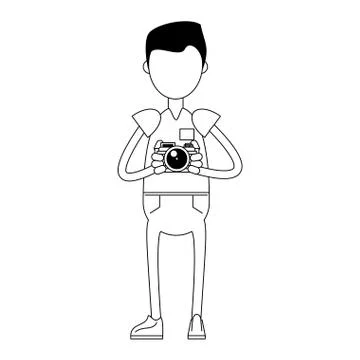 Hipster boy with analogic camera in black and white Stock Illustration