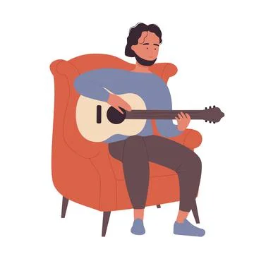 Hipster boy sitting in armchair and playing guitar Stock Illustration