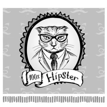 Hipster cat in frame, hand drawing Stock Illustration