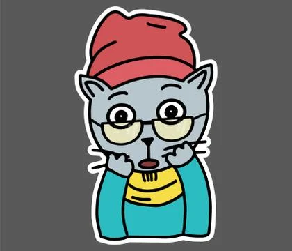 Hipster Cat with glasses, clothes, hat, scarf, and sweater in the awe. Flat s Stock Illustration