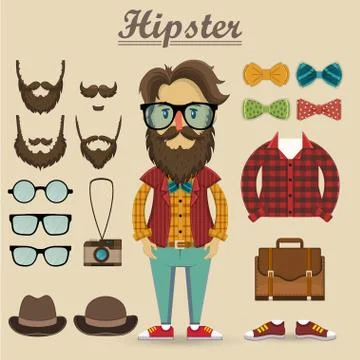 Hipster character and hipster elements, items, fashion Stock Illustration