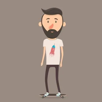 Hipster character on longboard. Cartoon vector illustration. 스톡 일러스트
