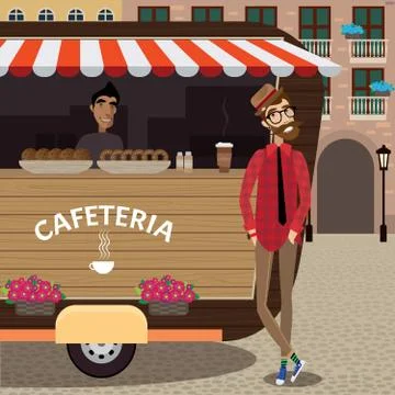 Hipster with coffee stall Illustrazione stock