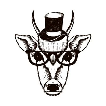 Hipster Deer Muzzle Wearing Top Hat and Glasses Vector Hand Drawn Illustratio Stock Illustration