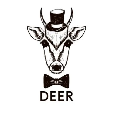 Hipster Deer Muzzle Wearing Top Hat and Bowtie Vector Hand Drawn Illustration Stock Illustration