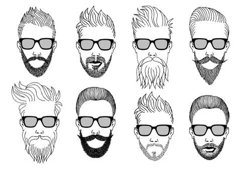 Hipster faces with beard, vector set Stock Illustration