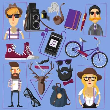 Hipster flat icons composition poster Illustrazione stock