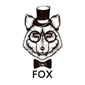 Hipster Fox Muzzle Wearing Top Hat and Bowtie Vector Hand Drawn Illustration Illustrazione stock