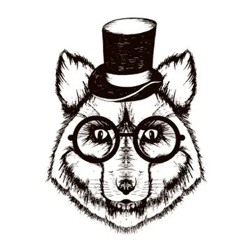 Hipster Fox Muzzle Wearing Top Hat and Glasses Vector Hand Drawn Illustration Stock Illustration