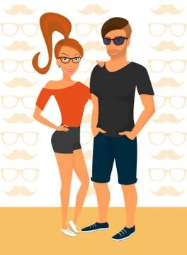 Hipster guy and his smiling girlfriend wearing red hair and glasses Stock Illustration