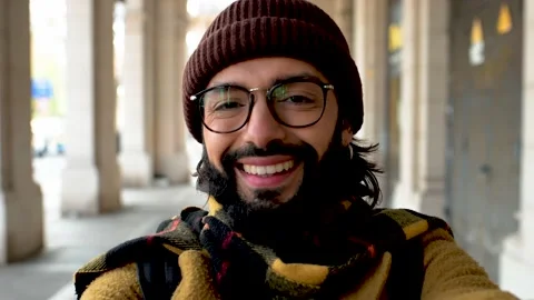 Hipster happy man taking selfie on city street - Male tourist having fun on Stock Footage 237015599