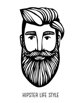 Hipster head with beard. Hand-Drawn Doodle. Vector Illustration - stock vecto Stock Illustration