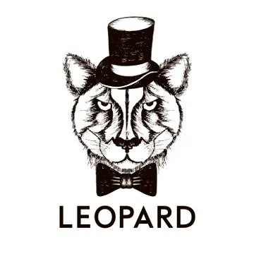 Hipster Leopard Muzzle Wearing Top Hat and Bowtie Vector Hand Drawn Illustrat Stock Illustration