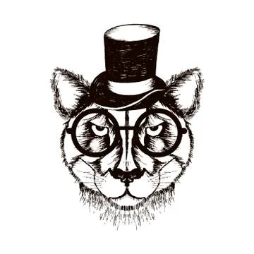 Hipster Leopard Muzzle Wearing Top Hat and Glasses Vector Hand Drawn Illustra Stock Illustration