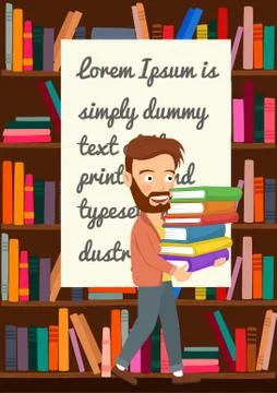 Hipster man carrying stack books in library Stock Illustration