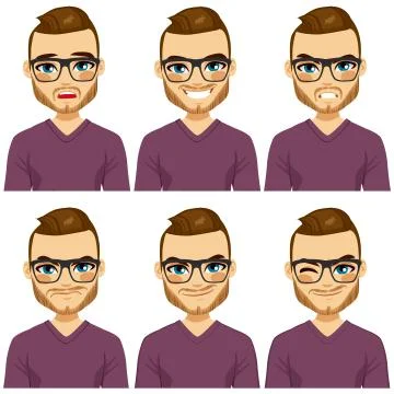 Hipster Man Different Expressions 库存插图