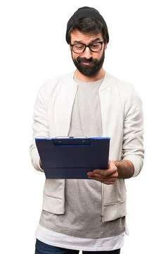 Hipster man with folder on white background Foto stock