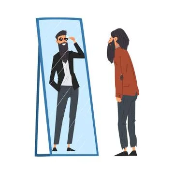 Hipster Man Standing in Front of Mirror Looking at His Reflection and Imagine 스톡 일러스트