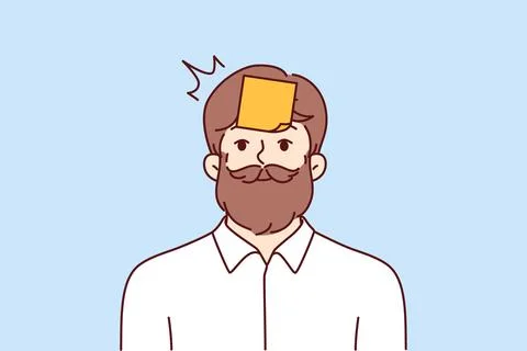Hipster man with sticky notes on forehead tries to guess what is written on Stock Illustration