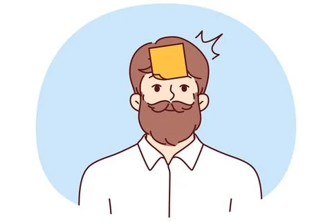 Hipster man with sticky notes on forehead tries to guess what is written on Stock Illustration