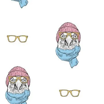 Hipster Owl Seamless Pattern with Glasses and Hat Stock Illustration