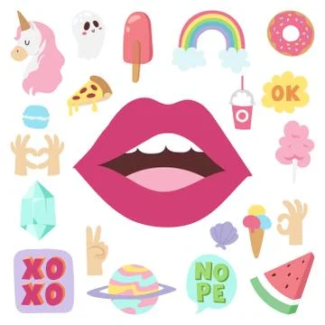 Hipster patches elements hand drawn cute fashionable stickers doodle pop art Illustrazione stock