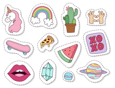 Hipster patches elements hand drawn cute fashionable stickers doodle pop art Stock Illustration