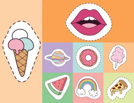 Hipster patches elements hand drawn cute fashionable stickers doodle pop art Stock-Illustration