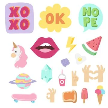 Hipster patches elements hand drawn cute fashionable stickers doodle pop art Stock-Illustration