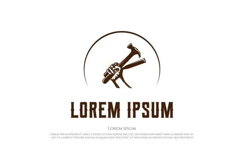 Hipster Rustic Han hold Hammer and Chisel for Carpentry Woodworking Logo De.. Stock-Illustration