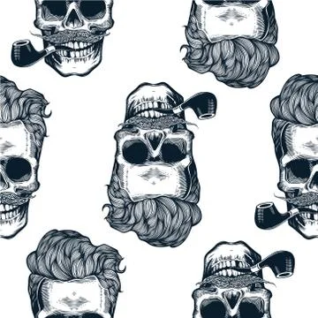 Hipster seamless pattern with skull silhouettes in engraving style , Stock-Illustration