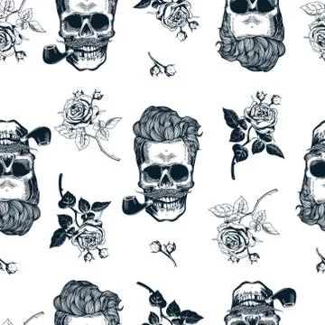 Hipster seamless pattern with skull silhouettes and roses Stock Illustration