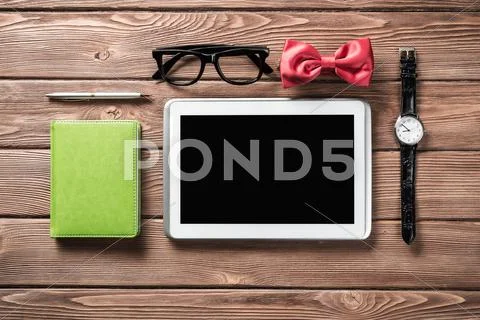 Hipster set on wooden table Stock Photos