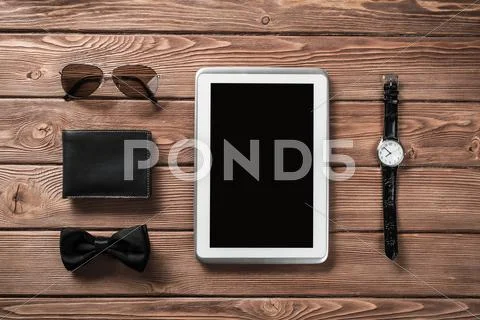 Hipster set on wooden table Stock Photos
