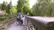 Hipster Son Walking With Disabled Father In Wheelchair At Park. Stock Footage